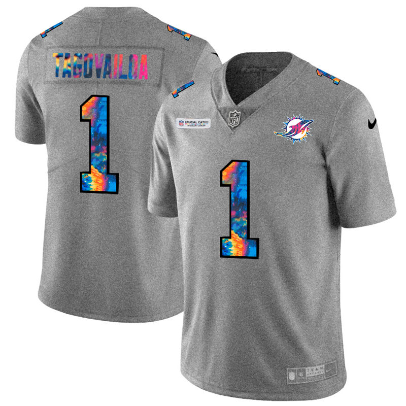 NFL Miami Dolphins 1 Tua Tagovailoa Men Nike MultiColor 2020  Crucial Catch  Jersey Grey